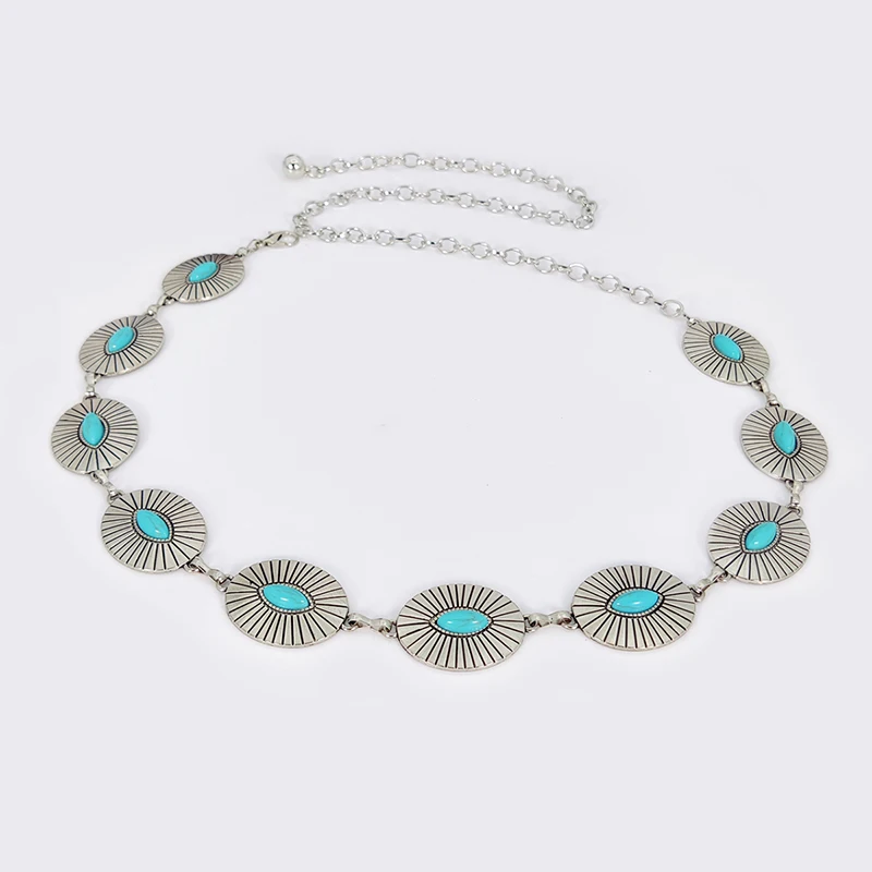 Fashion Silver Bohemian Female Circular Waist Chain Luxury Blue Gemstone Ellipse Chain Belts for Women Suitable for Skirts Dress