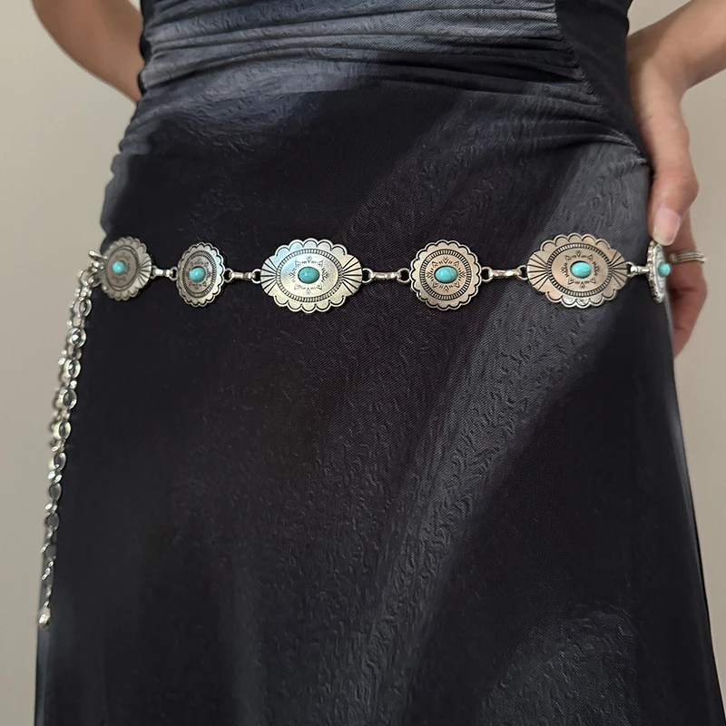 Fashion Silver Bohemian Female Circular Waist Chain Luxury Blue Gemstone Ellipse Chain Belts for Women Suitable for Skirts Dress