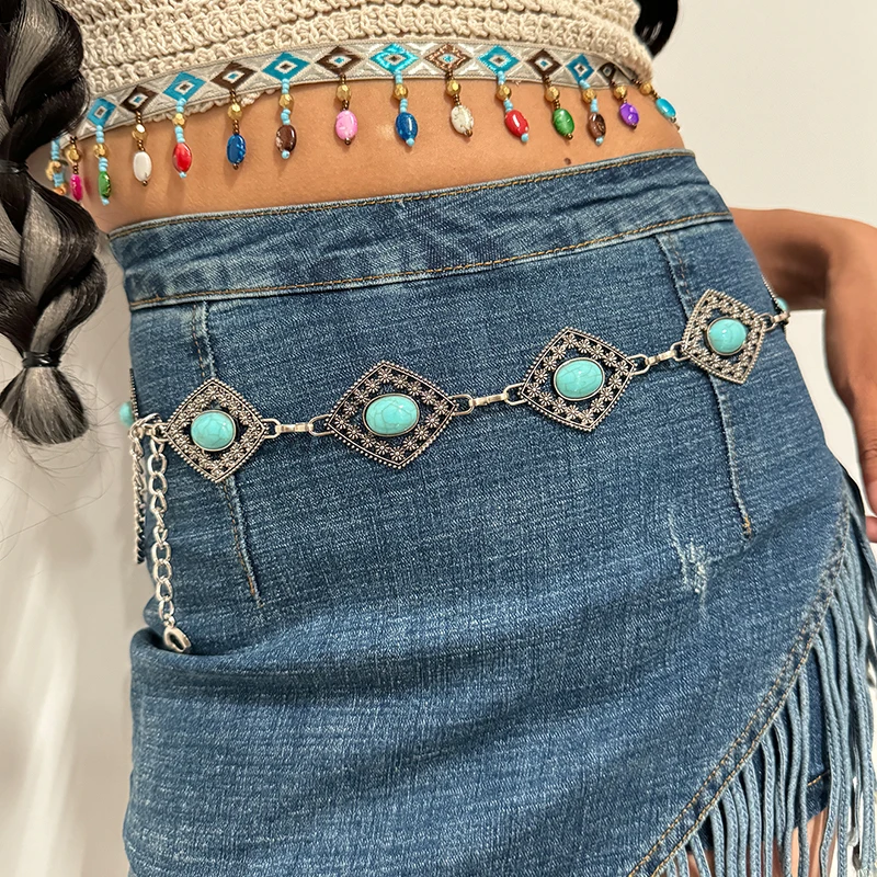 Fashion Silver Bohemian Female Circular Waist Chain Luxury Blue Gemstone Ellipse Chain Belts for Women Suitable for Skirts Dress