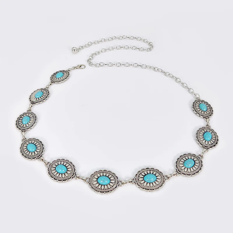 Fashion Silver Bohemian Female Circular Waist Chain Luxury Blue Gemstone Ellipse Chain Belts for Women Suitable for Skirts Dress