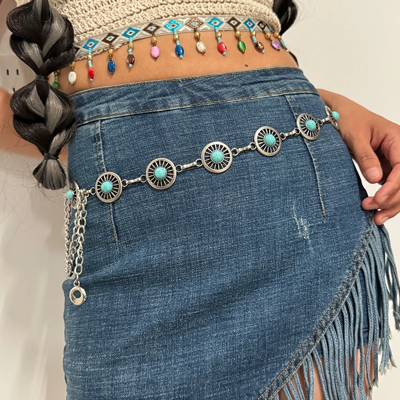 Fashion Silver Bohemian Female Circular Waist Chain Luxury Blue Gemstone Ellipse Chain Belts for Women Suitable for Skirts Dress