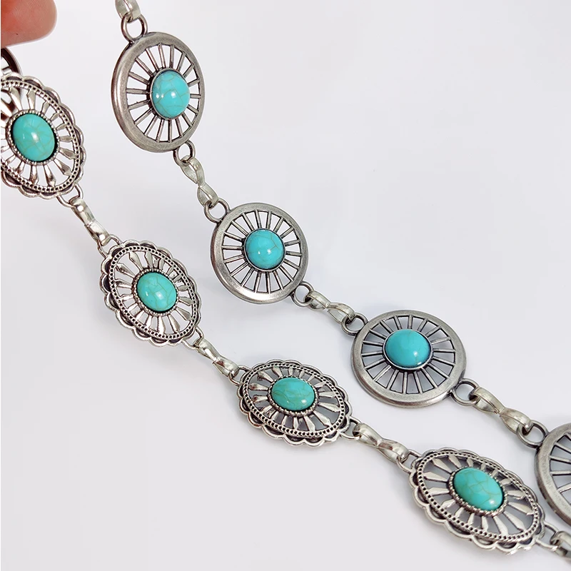 Fashion Silver Bohemian Female Circular Waist Chain Luxury Blue Gemstone Ellipse Chain Belts for Women Suitable for Skirts Dress