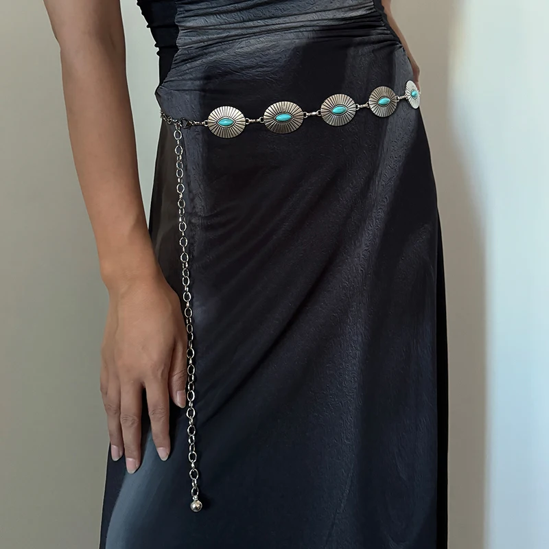 Fashion Silver Bohemian Female Circular Waist Chain Luxury Blue Gemstone Ellipse Chain Belts for Women Suitable for Skirts Dress
