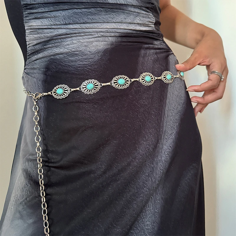 Fashion Silver Bohemian Female Circular Waist Chain Luxury Blue Gemstone Ellipse Chain Belts for Women Suitable for Skirts Dress