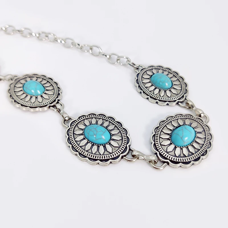 Fashion Silver Bohemian Female Circular Waist Chain Luxury Blue Gemstone Ellipse Chain Belts for Women Suitable for Skirts Dress