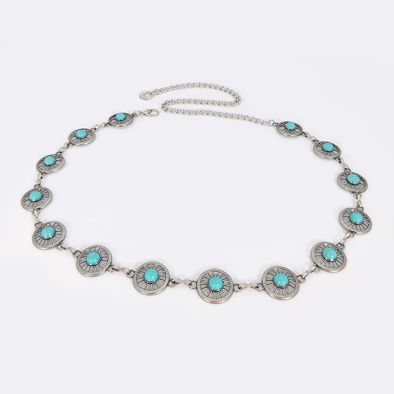 Fashion Silver Bohemian Female Circular Waist Chain Luxury Blue Gemstone Ellipse Chain Belts for Women Suitable for Skirts Dress