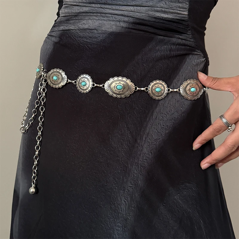 Fashion Silver Bohemian Female Circular Waist Chain Luxury Blue Gemstone Ellipse Chain Belts for Women Suitable for Skirts Dress