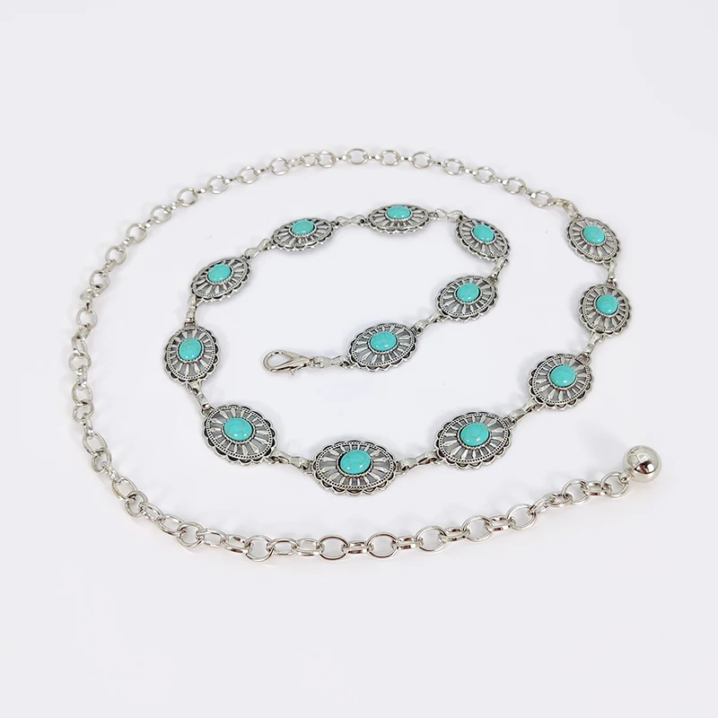 Fashion Silver Bohemian Female Circular Waist Chain Luxury Blue Gemstone Ellipse Chain Belts for Women Suitable for Skirts Dress