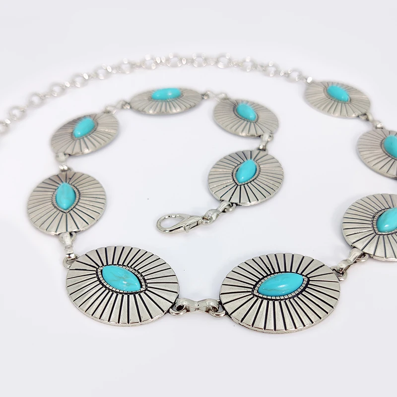 Fashion Silver Bohemian Female Circular Waist Chain Luxury Blue Gemstone Ellipse Chain Belts for Women Suitable for Skirts Dress