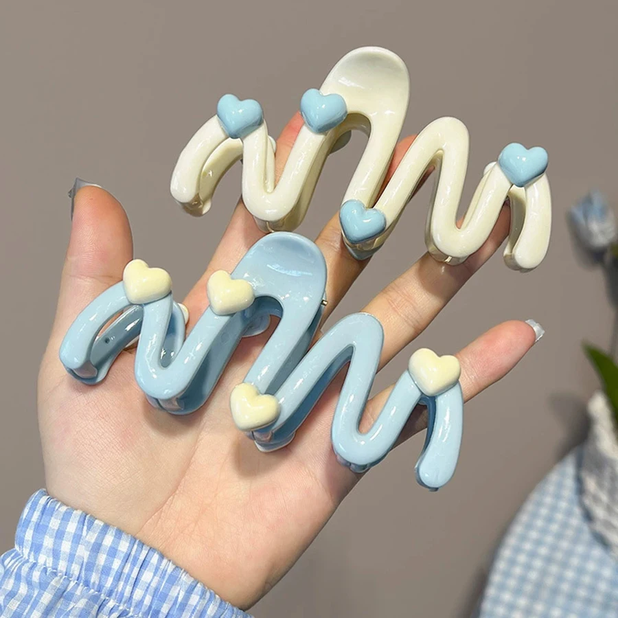 10.5cm Blue Heart Wave Shaped Hair Claw Cream Color Clips for Women Sweet Cute Irregular Shark Clip Large Ponytail Clip Hairpins