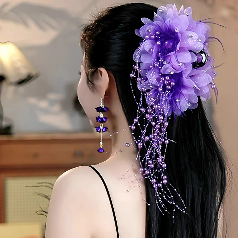 Feather Tassel Hair Claw Exaggerated Fairy Large Floral Shark Clip Hair Accessorie