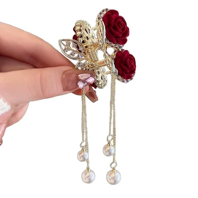 1pc Vintage Elegant Red Flocked Rose Tassel Hair Clip Stylish Ponytail Claw Crab Clip for Girls Women Delicate Hair Accessories