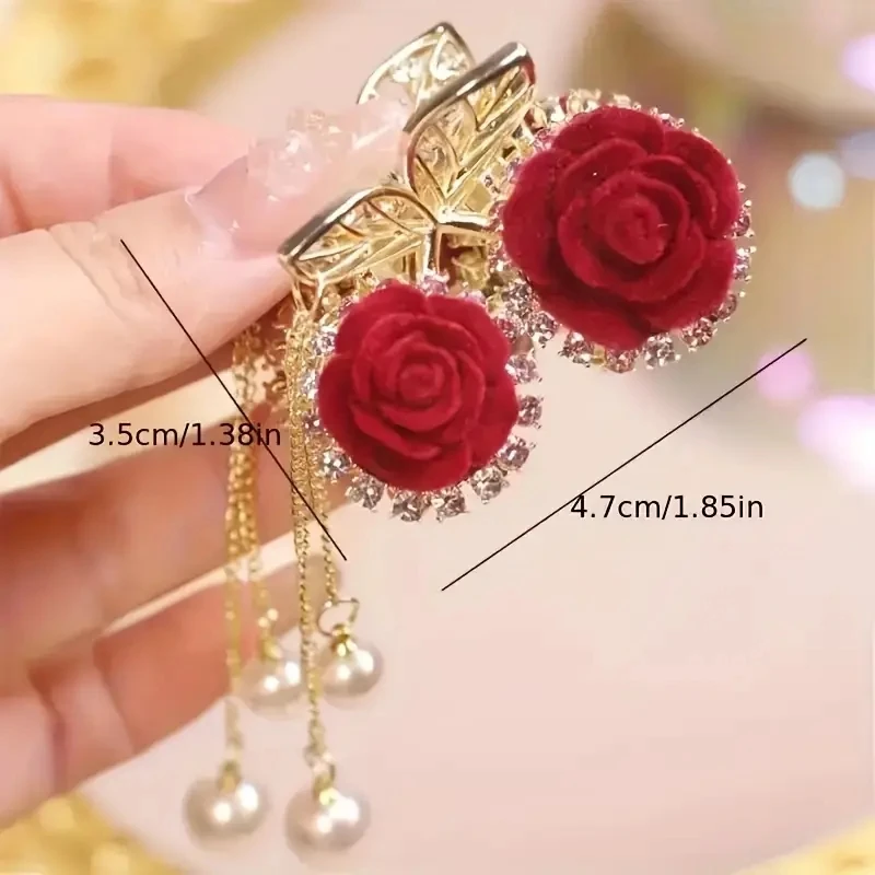 1pc Vintage Elegant Red Flocked Rose Tassel Hair Clip Stylish Ponytail Claw Crab Clip for Girls Women Delicate Hair Accessories