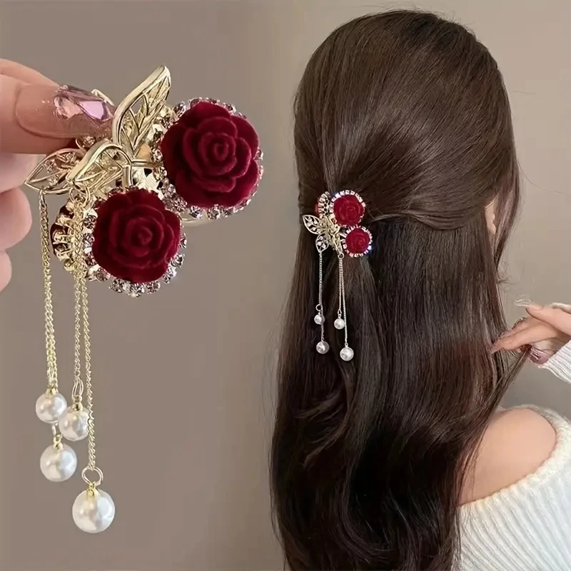 1pc Vintage Elegant Red Flocked Rose Tassel Hair Clip Stylish Ponytail Claw Crab Clip for Girls Women Delicate Hair Accessories