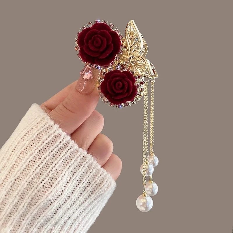 1pc Vintage Elegant Red Flocked Rose Tassel Hair Clip Stylish Ponytail Claw Crab Clip for Girls Women Delicate Hair Accessories