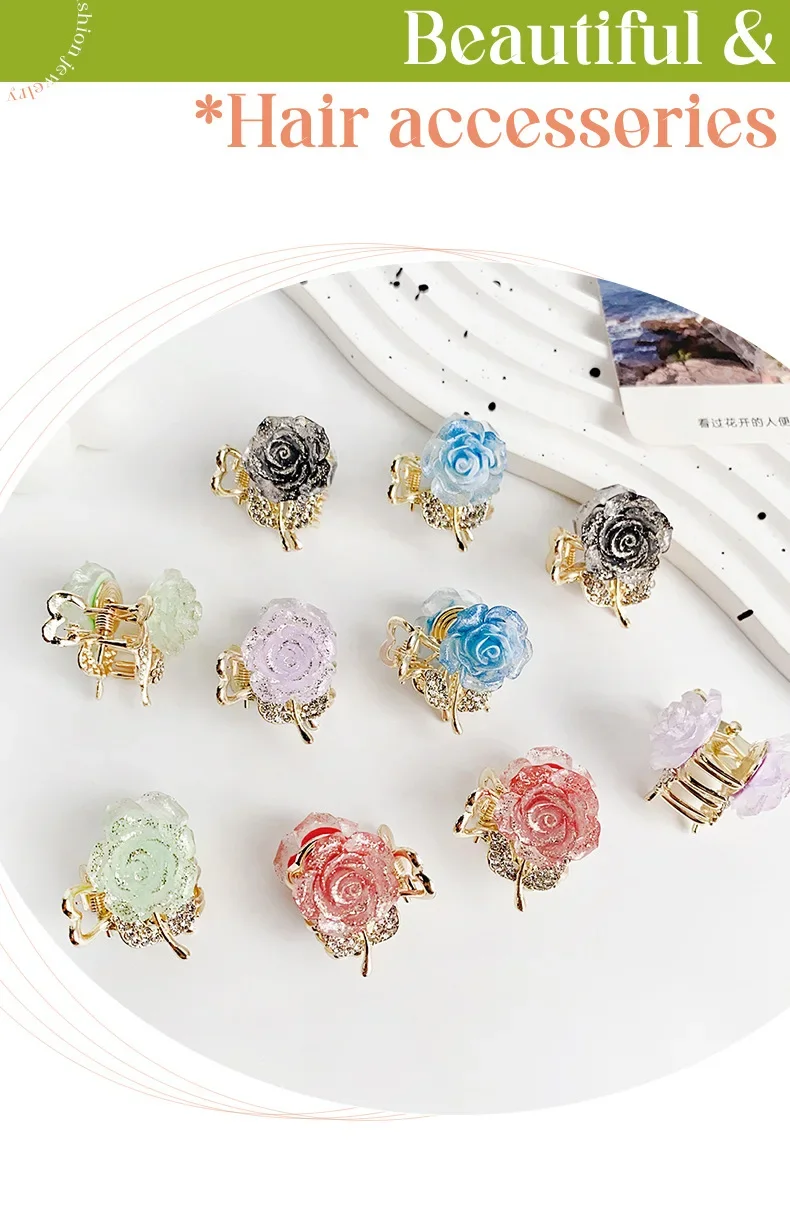 Rhinestone Metal Rose Small Hair Claws Women Girls Sweet Flower Hair Clips Hairpins Hair Accessories Women Headwear Gifts