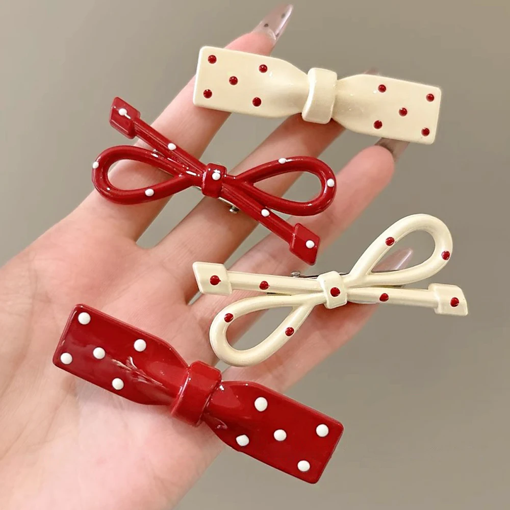 2pcs/Set Christmas Bowknot Hair Clips Red Color Polka Dot Oval Duckbill Hairpin Girls Bangs Side Barrettes For Party Friend Gift