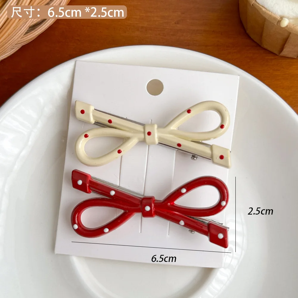 2pcs/Set Christmas Bowknot Hair Clips Red Color Polka Dot Oval Duckbill Hairpin Girls Bangs Side Barrettes For Party Friend Gift