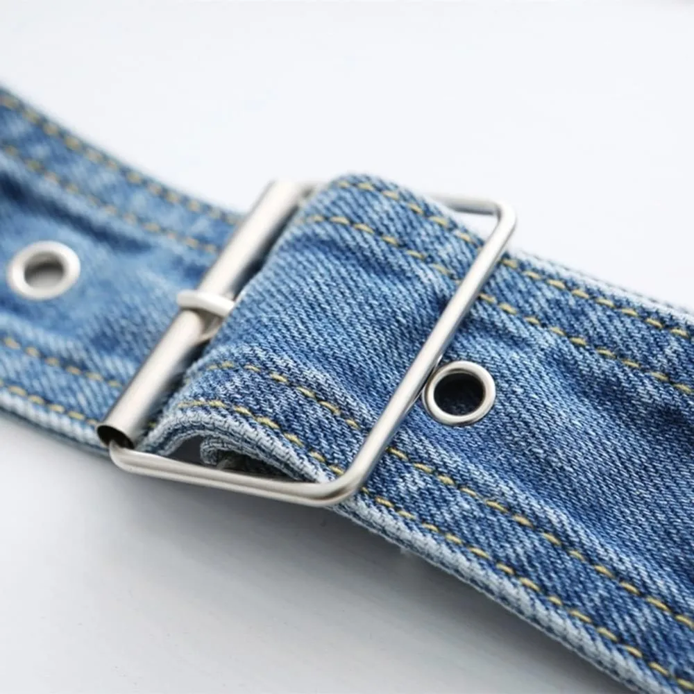 Women Denim Waist Belt metal buckle Canvas Waistband Casual Punk Vintage