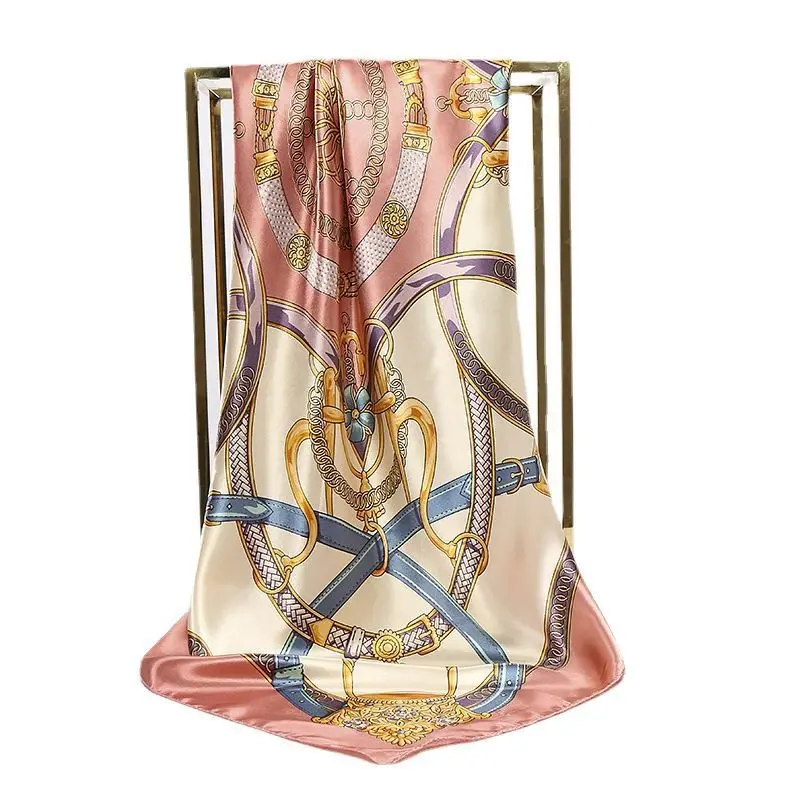 90cm Fashion Silk Square Scarf for Women Hair Band Soft Neckerchief Vintage Hijab Flower Print Headscarf Female Pashmina Bandana