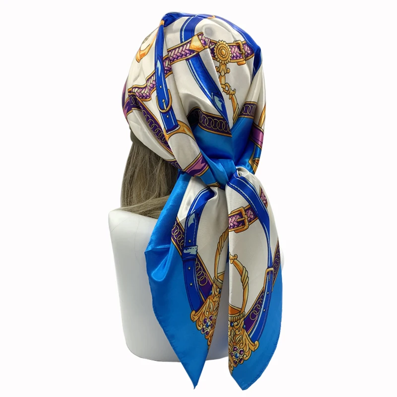 90cm Fashion Silk Square Scarf for Women Hair Band Soft Neckerchief Vintage Hijab Flower Print Headscarf Female Pashmina Bandana