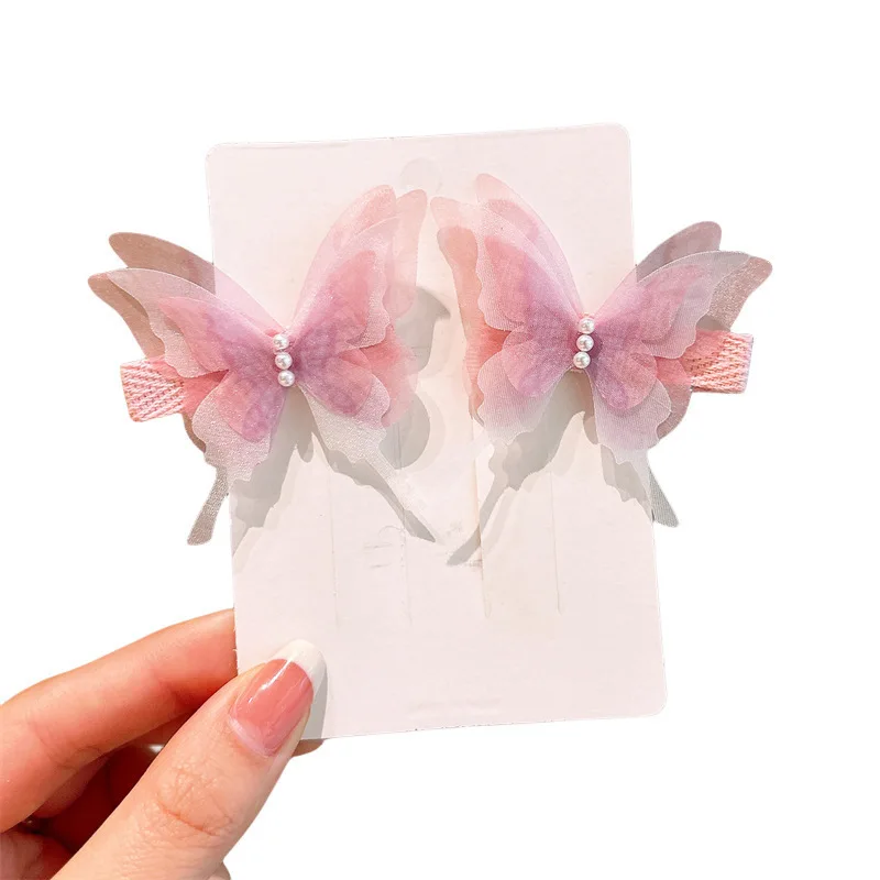 2pcs Butterfly Hairpin Cute Children Fabric Girl Hairpin Girls Pearl Side Clip Headdress Headwear Girls Kids Hair Accessories