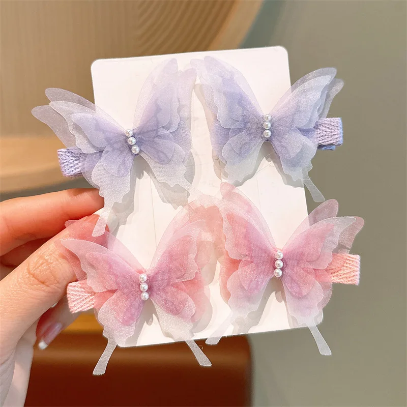 2pcs Butterfly Hairpin Cute Children Fabric Girl Hairpin Girls Pearl Side Clip Headdress Headwear Girls Kids Hair Accessories