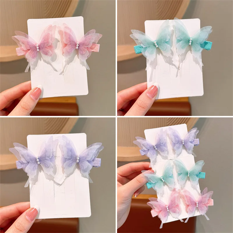2pcs Butterfly Hairpin Cute Children Fabric Girl Hairpin Girls Pearl Side Clip Headdress Headwear Girls Kids Hair Accessories