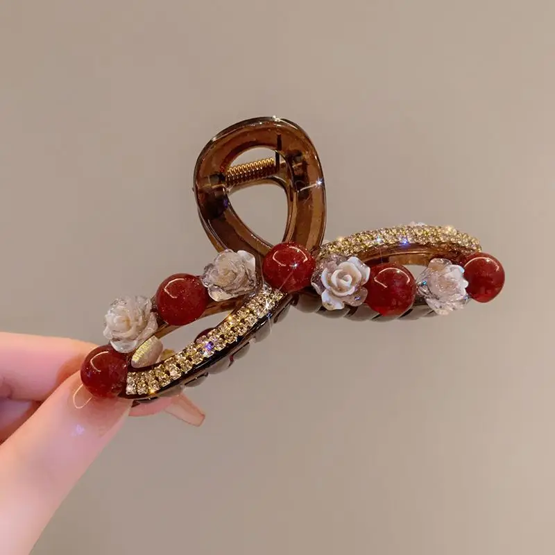 1pc Rose Red Pearl Clip Women's Autumn and Winter New Fashion Style, Back of the Head Plate Hair Clip Hair Accessory