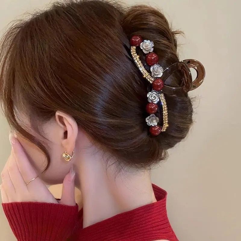 1pc Rose Red Pearl Clip Women's Autumn and Winter New Fashion Style, Back of the Head Plate Hair Clip Hair Accessory