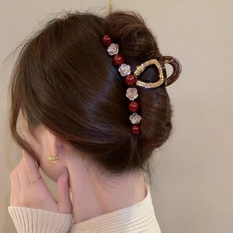 1pc Rose Red Pearl Clip Women's Autumn and Winter New Fashion Style, Back of the Head Plate Hair Clip Hair Accessory