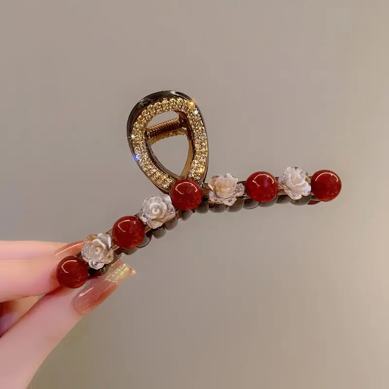 1pc Rose Red Pearl Clip Women's Autumn and Winter New Fashion Style, Back of the Head Plate Hair Clip Hair Accessory