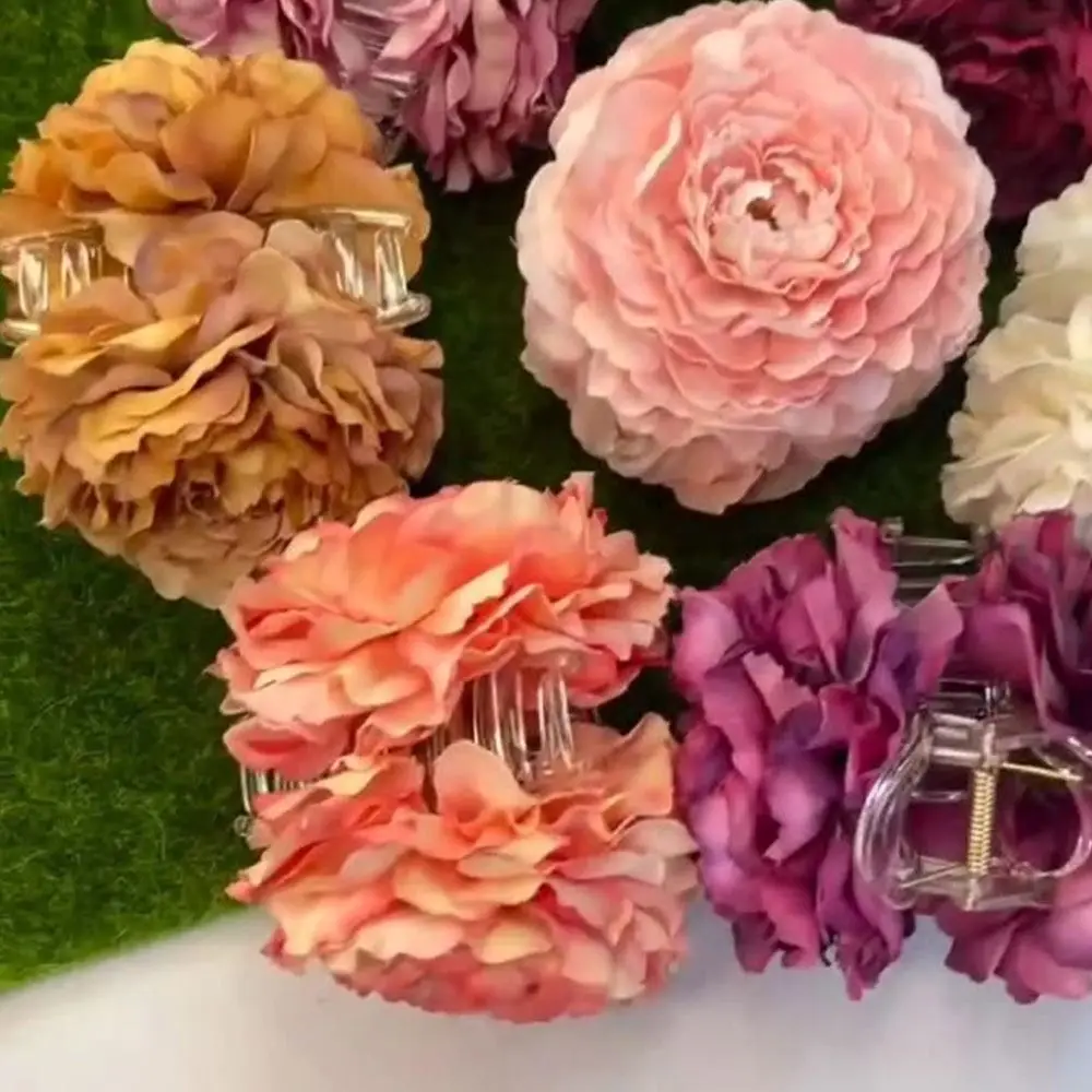 French Elegant Peony Flower Hair Claw Beautiful Simulation Flowers Hair Claw Clip Chic Summer Beach Headpiece for Women Girls