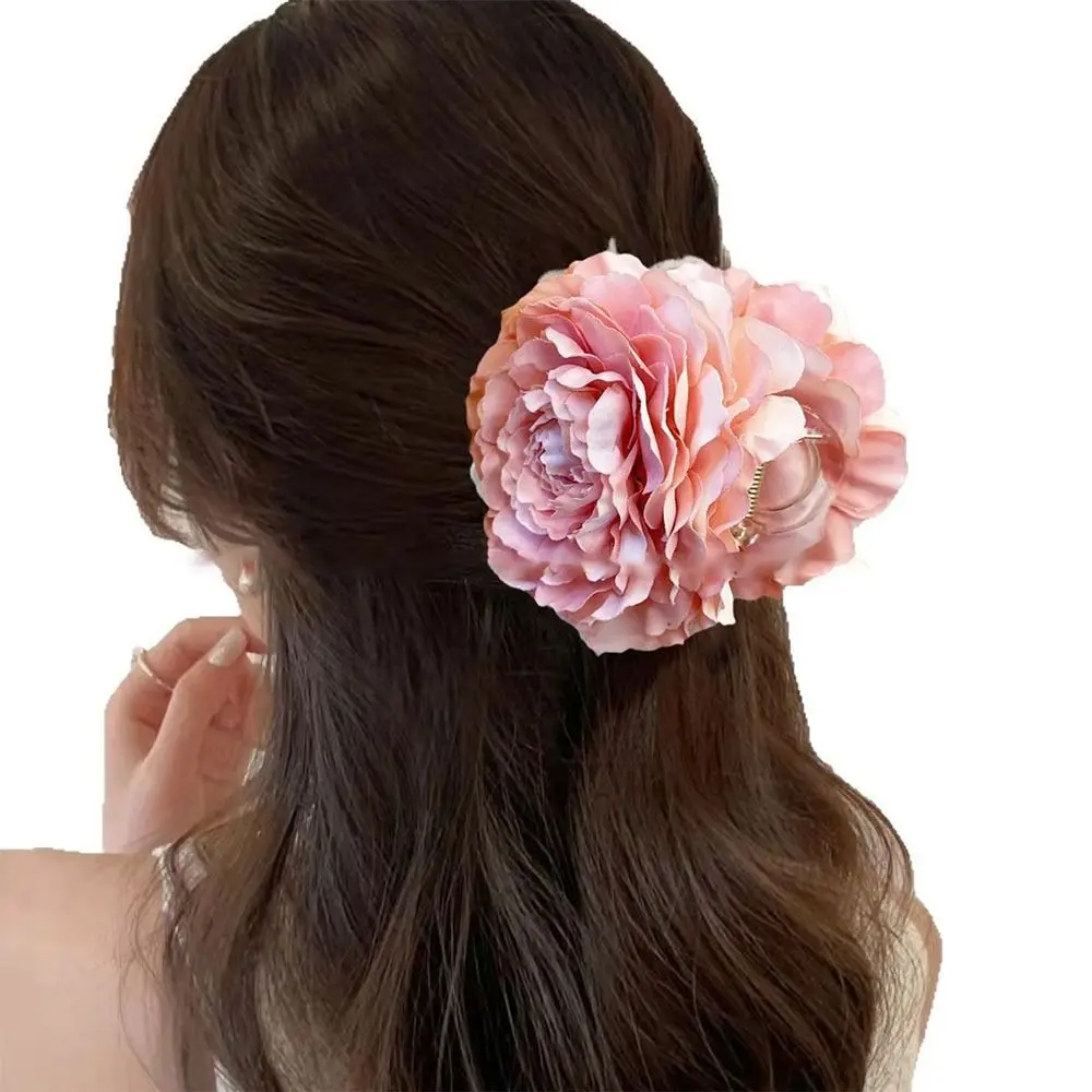 French Elegant Peony Flower Hair Claw Beautiful Simulation Flowers Hair Claw Clip Chic Summer Beach Headpiece for Women Girls