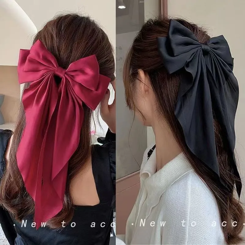 Women Large Bowknot Stain Hairpin Chiffon Bow Hair Clip Barrettes Girls Solid Color Ponytail Clip Hair Accessories Headwear Gift