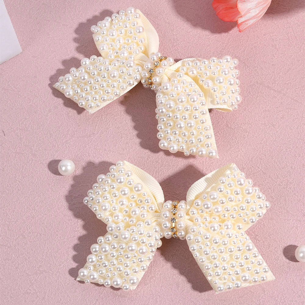 2Pcs Pearl Bow Hair Clips Sweet Elegant Rhinestone Bownot Hairpin For Girls Children Women Boutique Headdress Hair Accessories