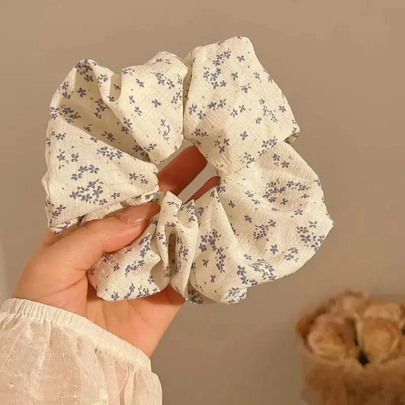 Korean Blue Yellow Floral Scrunchies Large Elastic Hair Bands College Student Women Ponytail Holder Hair Ties Rope Cute Headwear