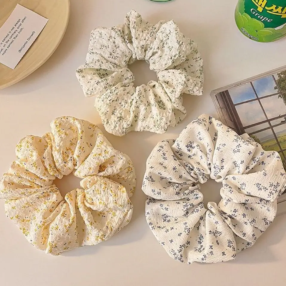 Korean Blue Yellow Floral Scrunchies Large Elastic Hair Bands College Student Women Ponytail Holder Hair Ties Rope Cute Headwear
