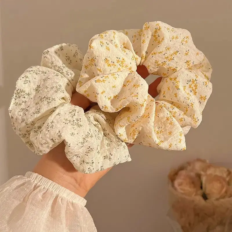 Korean Blue Yellow Floral Scrunchies Large Elastic Hair Bands College Student Women Ponytail Holder Hair Ties Rope Cute Headwear