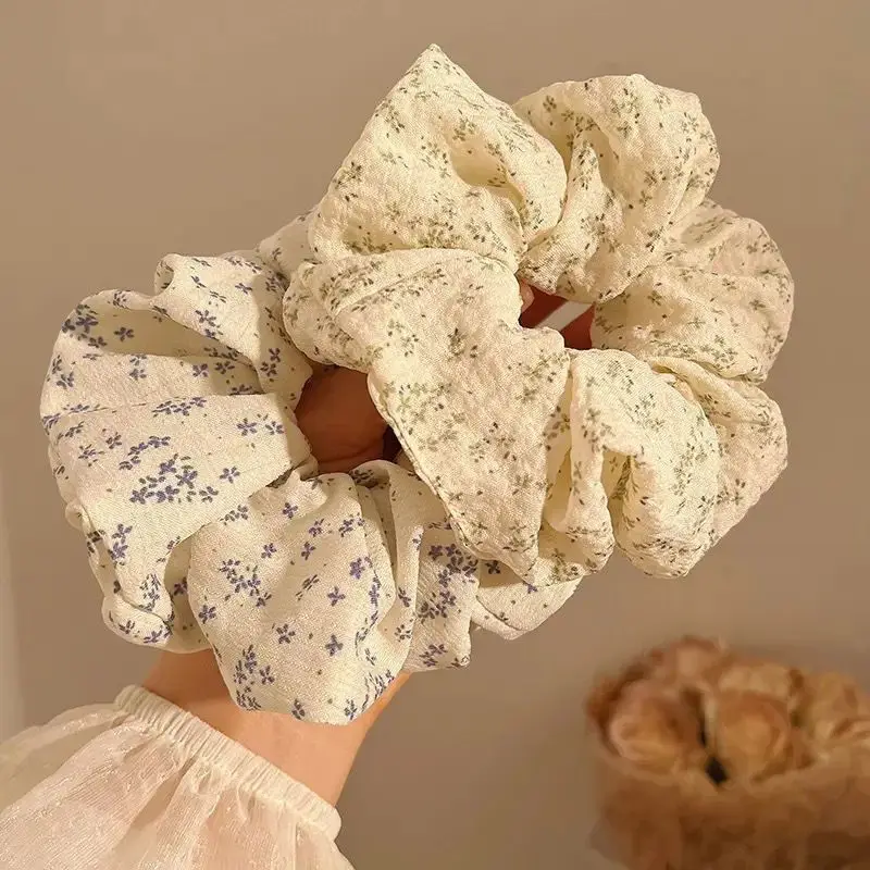 Korean Blue Yellow Floral Scrunchies Large Elastic Hair Bands College Student Women Ponytail Holder Hair Ties Rope Cute Headwear