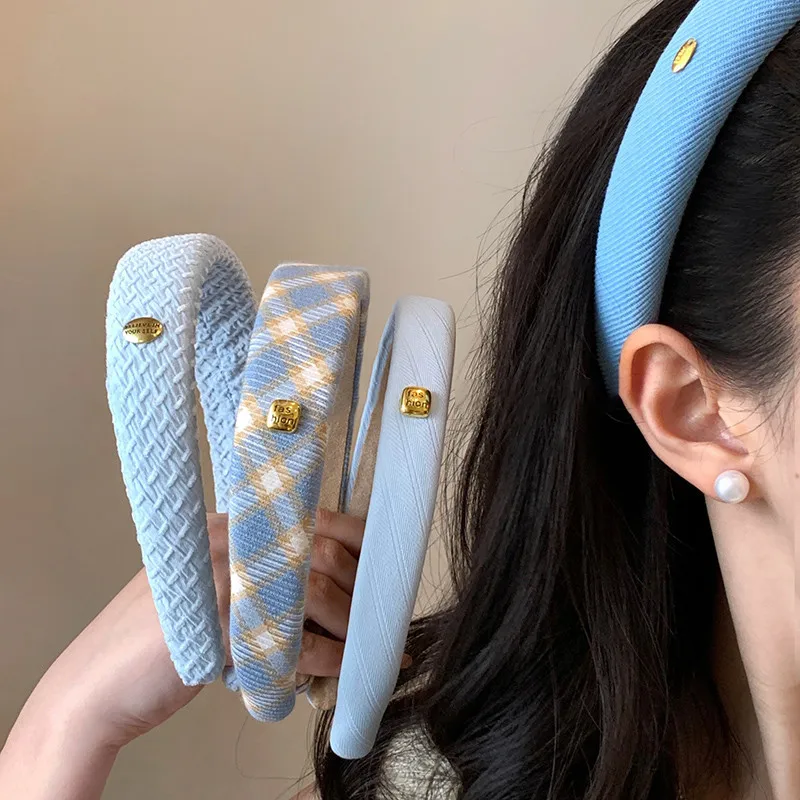 Spring New Sponge Headband for Women Elegant Gold Label Blue Wide Brimmed Hair Band Fashion Girl Face Wash Hair Hoop