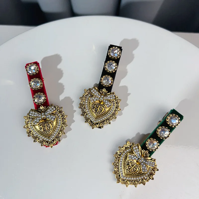 Retro Heart Pearl Rhinestone Hair Clip Elegant Hairpin Duckbill Clip Exquisite Barrettes Hair Accessories for Women Girls
