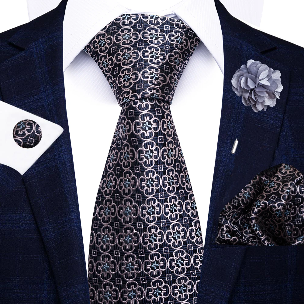 Wholesale Fashion 8 CM Blue Paisley Tie Pocket Squares Cufflink Pin Set Man Office Suit Accessories Wedding Gift Fit Party
