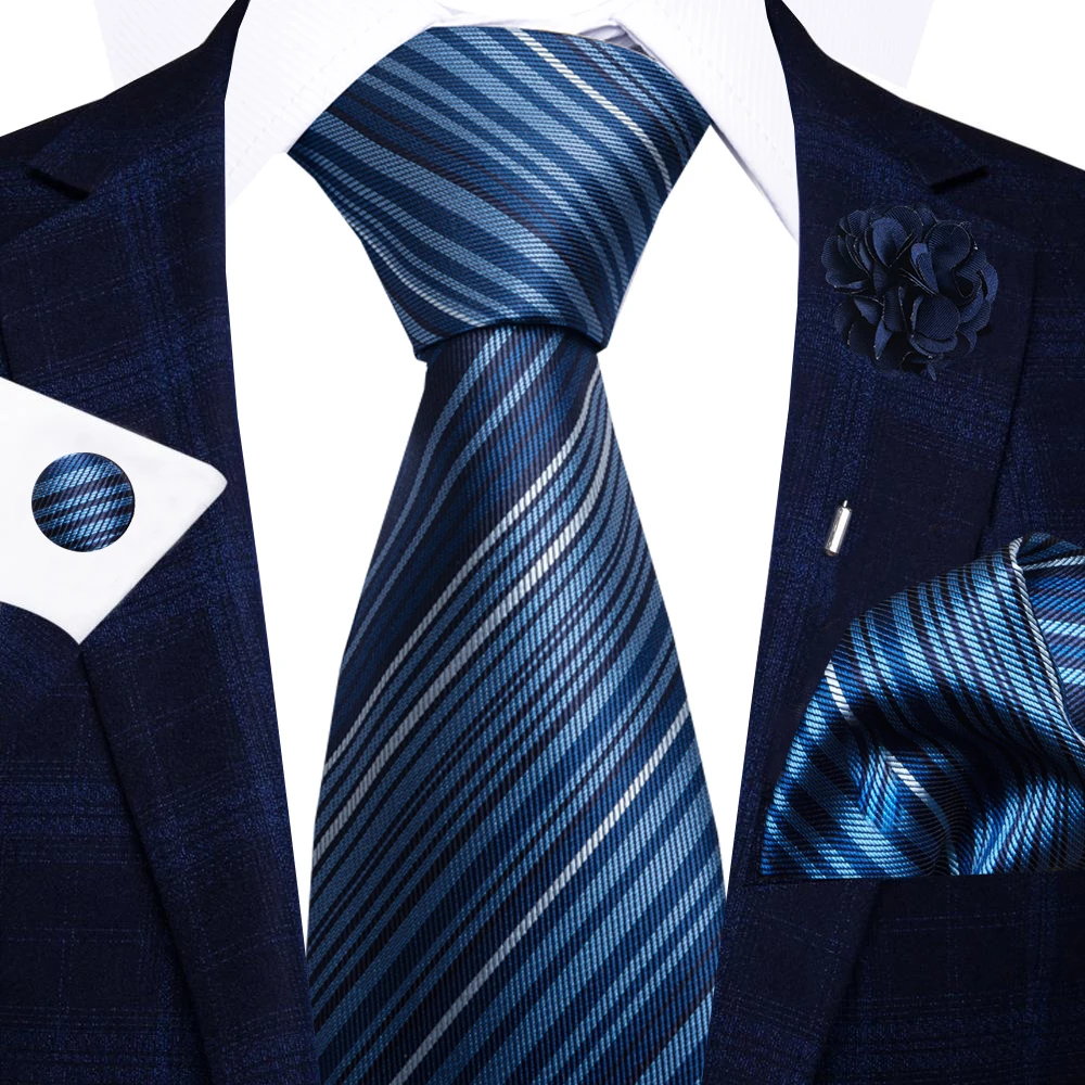 Wholesale Fashion 8 CM Blue Paisley Tie Pocket Squares Cufflink Pin Set Man Office Suit Accessories Wedding Gift Fit Party