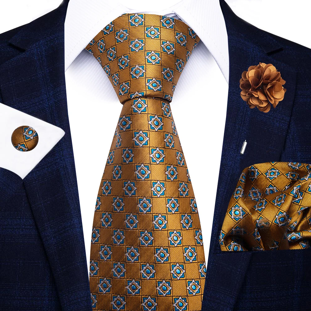 Wholesale Fashion 8 CM Blue Paisley Tie Pocket Squares Cufflink Pin Set Man Office Suit Accessories Wedding Gift Fit Party