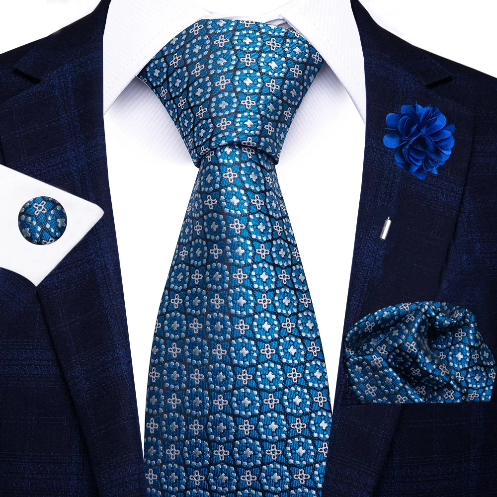 Wholesale Fashion 8 CM Blue Paisley Tie Pocket Squares Cufflink Pin Set Man Office Suit Accessories Wedding Gift Fit Party