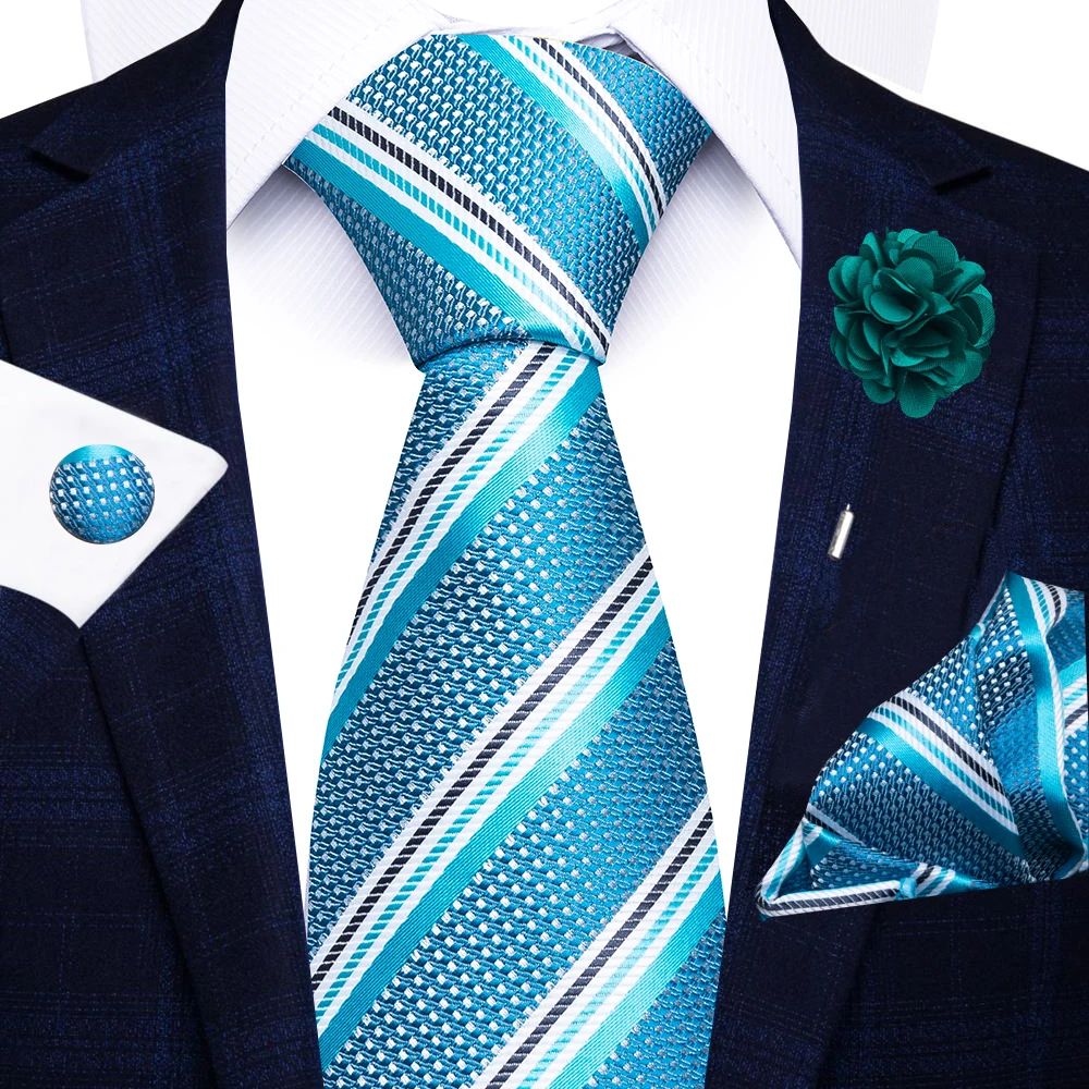 Wholesale Fashion 8 CM Blue Paisley Tie Pocket Squares Cufflink Pin Set Man Office Suit Accessories Wedding Gift Fit Party