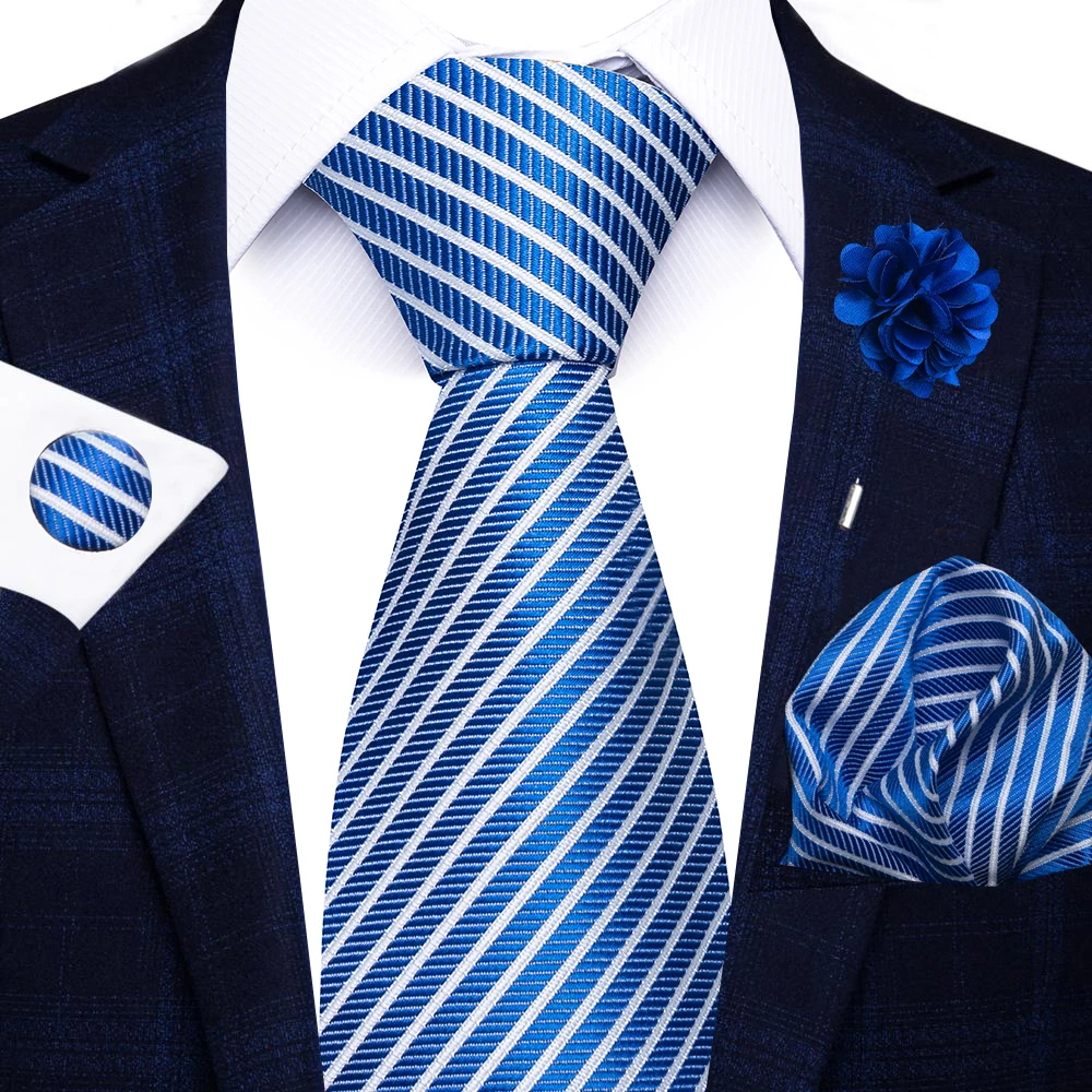 Wholesale Fashion 8 CM Blue Paisley Tie Pocket Squares Cufflink Pin Set Man Office Suit Accessories Wedding Gift Fit Party