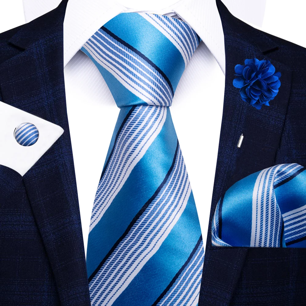 Wholesale Fashion 8 CM Blue Paisley Tie Pocket Squares Cufflink Pin Set Man Office Suit Accessories Wedding Gift Fit Party