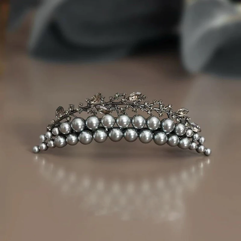 French Exquisite Pearl Crystal Crescent Hair Clip Spring Clip Back of Head Half-tied Hair Clip High-end Elegent Women's Headgear